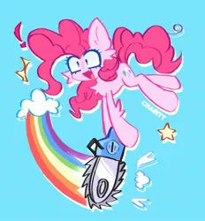 Size: 2176x2344 | Tagged: safe, artist:chabitt4, derpibooru import, earth pony, pony, blue background, chainsaw, full body, holding, image, jpeg, lesbian ponies with weapons, open mouth, open smile, rainbow, simple background, smiling, solo