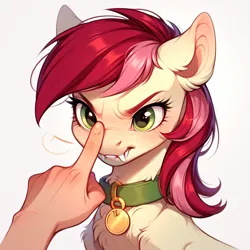 Size: 1024x1024 | Tagged: safe, ai content, derpibooru import, machine learning generated, prompter:doom9454, stable diffusion, roseluck, earth pony, pony, g4, angry, behaving like a cat, boop, collar, fangs, fluffy, generator:pony diffusion v6 xl, hand, image, jpeg, offscreen character, offscreen human, pet tag, pony pet, rosepet