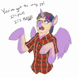 Size: 2000x2000 | Tagged: safe, artist:a curious fox, derpibooru import, twilight sparkle, twilight sparkle (alicorn), oc, alicorn, human, pony, annoyed, bust, clothes, dialogue, glasses, human to pony, image, jpeg, looking up, plaid, plaid shirt, shirt, simple background, solo, transformation, white background