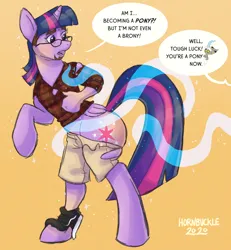 Size: 958x1035 | Tagged: safe, artist:hornbuckle, derpibooru import, discord, twilight sparkle, twilight sparkle (alicorn), alicorn, human, pony, clothes, confused, dialogue, glasses, human to pony, image, magic, offscreen character, png, solo, speech bubble, transformation