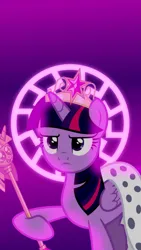 Size: 720x1280 | Tagged: safe, artist:kevinerino, twibooru exclusive, twilight sparkle, twilight sparkle (alicorn), alicorn, unicorn, background, big crown thingy, black sun, colored background, element of magic, gradient background, ibispaint x, image, jewelry, mobile, mobile phone, mobile wallpaper, phone, png, regalia, solo, twilight's scepter, uploader:mappingvd, wallpaper