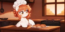 Size: 2400x1200 | Tagged: safe, ai content, derpibooru import, machine learning generated, prompter:greesys, oc, oc:victoria orlova, pony, bread, chef's hat, food, hat, image, png