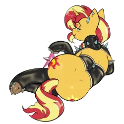 Size: 1000x1000 | Tagged: suggestive, artist:twoshoesmcgee, derpibooru import, sunset shimmer, pony, unicorn, g4, ass, bad girl, bedroom eyes, blush lines, blushing, both cutie marks, butt, choker, clothes, ear piercing, earring, element of magic, eyelashes, female, hoof boots, horn, image, jewelry, latex, lipstick, looking at you, looking back, mare, piercing, png, punk, rear view, rubber, shiny mane, shiny tail, signature, simple background, smiling, socks, solo, solo female, spiked boots, spiked choker, spikes, transparent background, vest