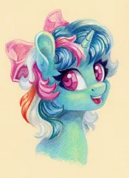 Size: 940x1300 | Tagged: safe, artist:maytee, derpibooru import, fizzy, pony, twinkle eyed pony, unicorn, g1, bow, bust, colored pencil drawing, colored pupils, hair bow, horn, image, png, portrait, simple background, smiling, solo, traditional art, yellow background