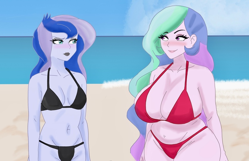 Size: 2546x1648 | Tagged: suggestive, artist:sarahthefox97, derpibooru import, princess celestia, princess luna, human, equestria girls, g4, bikini, breast envy, breasts, busty princess celestia, clothes, duo, duo female, female, image, jpeg, luna is not amused, plump, principal celestia, swimsuit, unamused, vice principal luna