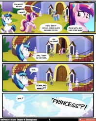 Size: 3540x4490 | Tagged: safe, artist:lummh, artist:whitequartztheartist, derpibooru import, princess cadance, shining armor, alicorn, pony, unicorn, comic:the princess of love, g4, cute, cutedance, female, horn, image, male, mare, png, royal guard, speech bubble, teen princess cadance, teenage shining armor, younger