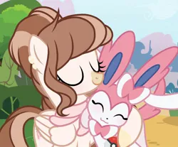 Size: 1470x1220 | Tagged: safe, artist:cstrawberrymilk, derpibooru import, oc, oc:strawberry milk, pegasus, pony, sylveon, g4, crossover, eyes closed, female, hug, image, jpeg, mare, pokémon, solo