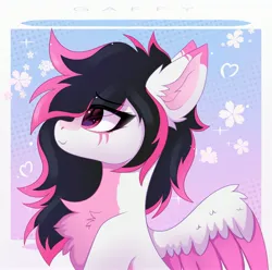 Size: 3200x3171 | Tagged: safe, artist:gaffy, derpibooru import, oc, oc:lunylin, unofficial characters only, pegasus, abstract background, chest fluff, ear fluff, flower, image, jpeg, passepartout, pegasus oc, smiling, solo, wings