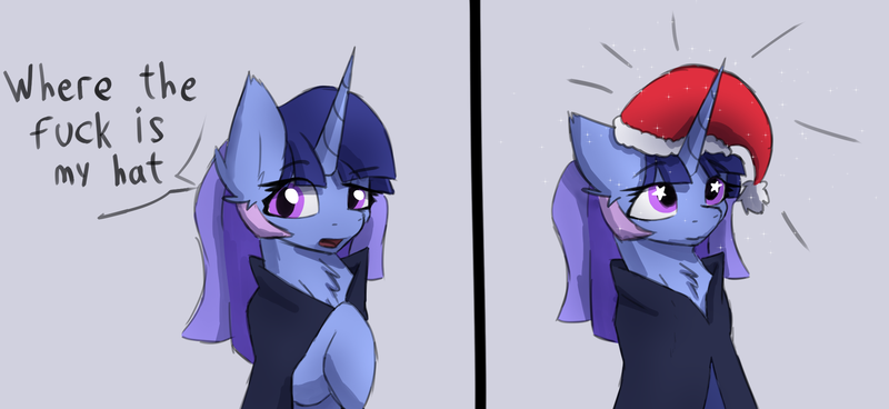 Size: 2120x974 | Tagged: safe, artist:naza, derpibooru import, oc, oc:flawless sparklemoon, pony, unicorn, christmas, cloak, clothes, female, fusion, fusion:trixie, fusion:twilight sparkle, fusion:twixie, hat, holiday, horn, image, magician outfit, my little pony the movie: the death of twilight sparkle, png, santa hat, simple background, solo, swearing, unicorn oc, vulgar