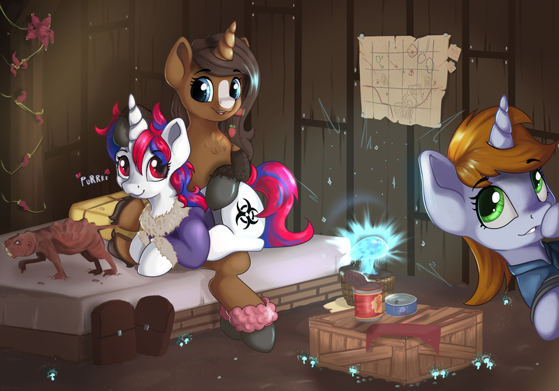 Size: 8500x5956 | Tagged: safe, artist:appleneedle, derpibooru import, oc, oc:littlepip, oc:snowi, oc:strawberry cocoa (the coco clan), unofficial characters only, monster pony, pony, unicorn, comic:littlepip and snowi and female strawberry cocoa 0, fallout equestria, 2024, :3, absurd resolution, amused, anklet, bag, bed, bedsheets, behaving like a cat, blaze (coat marking), blue eyes, box, brown coat, brown mane, brown tail, bushy mane, canned food, castle, catchlights, chest fluff, clothes, coat markings, commission, commissioner:rautamiekka, crepuscular rays, cute, detailed background, digital art, ears, ears up, english, eyebrows, eyelashes, eyes open, facial markings, female, female oc, floating heart, fur collar, furnished, gray hooves, green eyes, happy, heart, hoof on head, hoof over mouth, hooves, horn, image, jacket, jewelry, jpeg, jumpsuit, legs together, looking at each other, looking at someone, looking down, looking up, lying down, lying on pony, lying on top of someone, mane, map, mare, mare oc, mole rat, mushroom, ocbetes, open mouth, open smile, petting, plant, pony oc, purring, quadrupedal, red eyes, red mane, red tail, saddle bag, segmented tail, shading, shadows, short mane, signature, silly, silly pony, sitting, smiling, soft shading, tail, taxidermy, teeth, text, three quarter view, trio, trio female, two toned coat, two toned mane, two toned tail, unicorn oc, unshorn fetlocks, vault suit, white coat