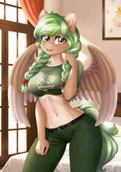 Size: 2480x3508 | Tagged: safe, artist:lifejoyart, derpibooru import, oc, oc:sylvia evergreen, unofficial characters only, anthro, pegasus, belly, belly button, belt, belt buckle, bow, bra, braid, braided pigtails, breasts, clothes, commission, ear fluff, female, freckles, hair bow, high res, image, looking at you, open mouth, open smile, pants, pegasus oc, pigtails, png, short shirt, smiling, smiling at you, solo, underwear, wings, ych result