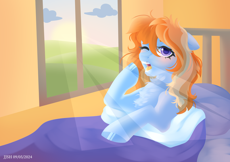 Size: 4093x2894 | Tagged: safe, artist:jjsh, derpibooru import, oc, oc:aurelia coe, unofficial characters only, earth pony, pony, bed, blanket, cloud, female, field, high res, image, indoors, lineless, looking at you, lying down, mare, open mouth, pillow, png, sky, solo, sun, sunrise, teeth, window, yawn