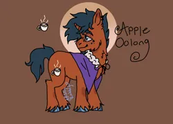 Size: 1908x1368 | Tagged: safe, artist:arsonrabbit, derpibooru import, oc, oc:apple oolong, unofficial characters only, pony, unicorn, g4, blue eyes, blue hair, blue hooves, blue mane, blue tail, brown coat, circle background, clothes, digital art, ear piercing, facial hair, freckles, goatee, hooves, horn, image, looking back, male, piercing, png, signature, solo, stallion, tail, unicorn oc, vest