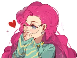 Size: 2160x1620 | Tagged: safe, artist:wumingshi61160, derpibooru import, pinkie pie, human, clothes, ear piercing, earring, glasses, hand over mouth, heart, humanized, image, jewelry, long sleeves, one eye closed, piercing, png, simple background, solo, sweater, upper body, white background