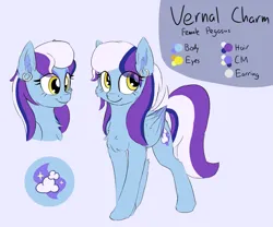 Size: 1625x1350 | Tagged: safe, artist:litrojia, derpibooru import, oc, oc:vernal charm, unofficial characters only, pegasus, pony, chest fluff, color palette, cutie mark, ear fluff, ear piercing, earring, eye clipping through hair, female, image, jewelry, mare, pegasus oc, piercing, png, reference sheet, solo, wings