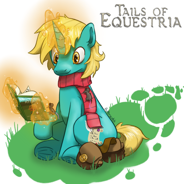 Size: 1920x1920 | Tagged: safe, artist:_butterscotch, derpibooru import, oc, oc:bright spark, unofficial characters only, pony, rat, unicorn, bag, book, clothes, horn, image, magic, male, png, saddle bag, scarf, simple background, telekinesis, text, unicorn horn, unicorn oc