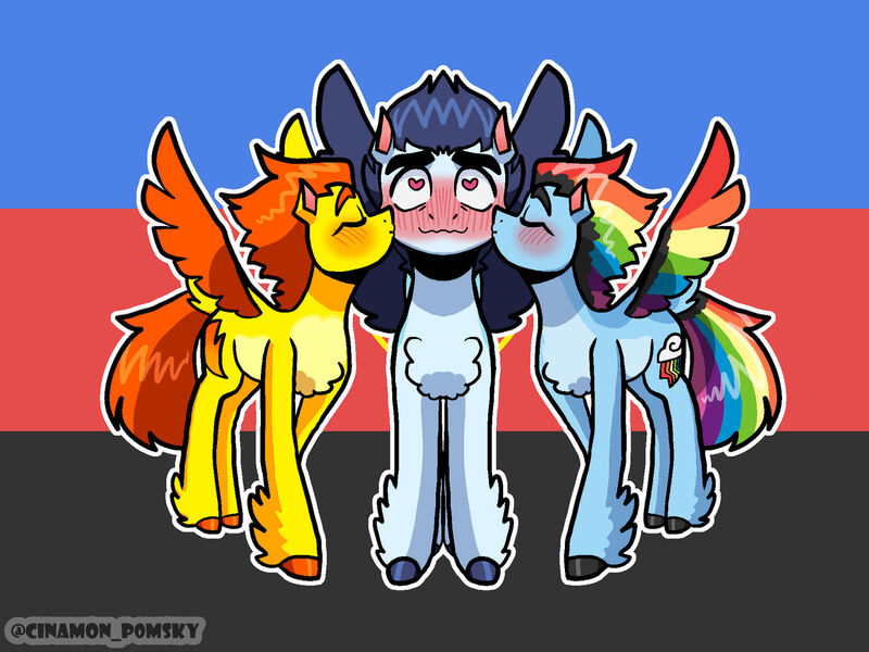 Size: 1280x960 | Tagged: safe, artist:cinamon_pomsky, derpibooru import, rainbow dash, soarin', spitfire, g4, blushing, female, image, jpeg, kissing, male, polyamory, ship:soarindashfire, shipping, soarin' gets all the mares, spread wings, straight, wingboner, wings