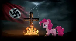 Size: 1408x768 | Tagged: semi-grimdark, ai content, derpibooru import, generator:imagen 3, machine learning generated, pinkie pie, earth pony, g4, burning, cross, crying, female, fire, image, lightning, nazi flag, png, solo