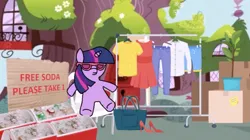 Size: 2490x1392 | Tagged: safe, artist:tamers12345, derpibooru import, twilight sparkle, pony, unicorn, g4, clothes, drink, garage sale, horn, image, my little pony the movie: soarin & braeburn, png, soda, solo, sunglasses