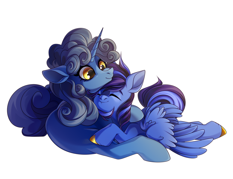 Size: 3890x3000 | Tagged: artist needed, safe, derpibooru import, oc, oc:blue shade, oc:nighttime wishes, pegasus, unicorn, cheek squish, colored hooves, commission, cuddling, eyes closed, hooves, horn, image, png, smiling, spread wings, squishy cheeks, wholesome, wings