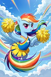 Size: 768x1152 | Tagged: prompter needed, source needed, safe, ai content, derpibooru import, machine learning generated, rainbow dash, pegasus, pony, g4, cheerleader, cloud, flying, image, png, rainbow