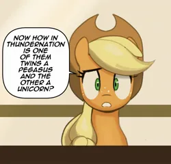 Size: 1798x1728 | Tagged: safe, artist:_ton618_, derpibooru import, applejack, earth pony, pony, baby cakes, g4, bust, female, image, jpeg, mare, my little pony, scene interpretation, solo, speech bubble, talking to viewer