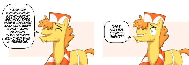 Size: 4096x1421 | Tagged: safe, artist:_ton618_, derpibooru import, carrot cake, earth pony, pony, baby cakes, g4, comic, dialogue, eyes closed, image, jpeg, male, my little pony, scene interpretation, solo, speech bubble, stallion