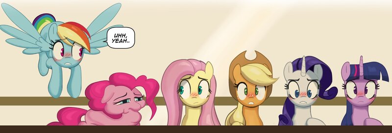 Size: 4096x1388 | Tagged: safe, alternate version, artist:_ton618_, derpibooru import, applejack, fluttershy, pinkie pie, rainbow dash, rarity, twilight sparkle, earth pony, pegasus, pony, unicorn, baby cakes, g4, blushing, deflated, female, floppy ears, flying, frown, horn, image, implied infidelity, jpeg, mane six, mare, my little pony, pinkie pie is best facemaker, scene interpretation, unicorn twilight