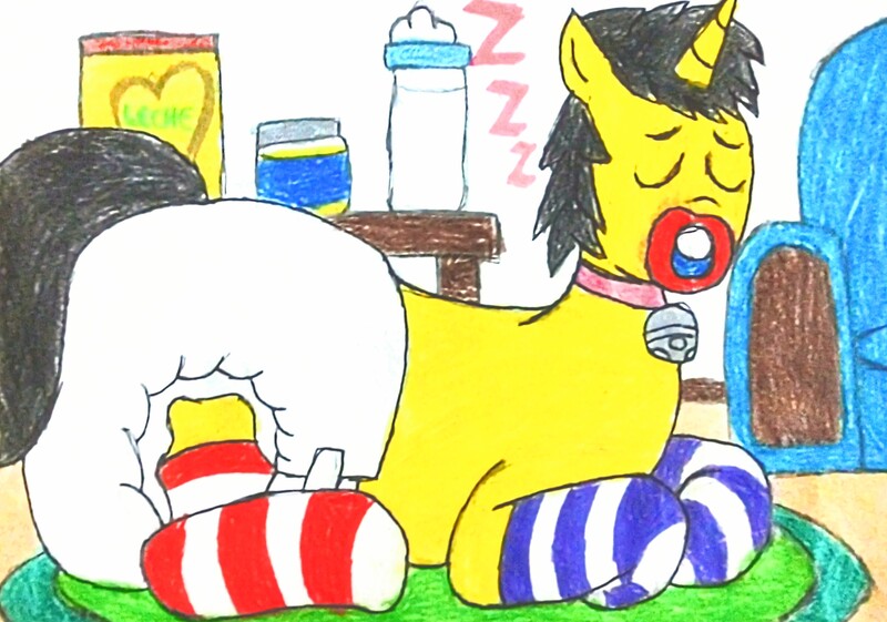 Size: 3049x2140 | Tagged: safe, artist:bitter sweetness, derpibooru import, oc, oc:bitter sweetness, unofficial characters only, unicorn, abdl, adult foal, armchair, baby bottle, chair, clothes, diaper, diaper fetish, eyes closed, fetish, furniture, horn, image, jpeg, non-baby in diaper, onomatopoeia, pacifier, poofy diaper, sleeping, socks, solo, sound effects, striped socks, traditional art, wooden floor, zzz