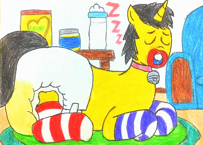 Size: 2853x2039 | Tagged: suggestive, artist:bitter sweetness, derpibooru import, oc, oc:bitter sweetness, unofficial characters only, unicorn, abdl, adult foal, armchair, baby bottle, chair, clothes, diaper, diaper fetish, eyes closed, fetish, furniture, horn, image, incontinence, jpeg, non-baby in diaper, onomatopoeia, pacifier, pissing, poofy diaper, socks, solo, sound effects, striped socks, traditional art, urine, wetting, wetting diaper, wooden floor, zzz