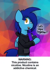 Size: 2480x3508 | Tagged: safe, artist:japkozjad, derpibooru import, oc, oc:apply, unofficial characters only, pegasus, abstract background, bipedal, clothes, heterochromia, hoodie, image, pegasus oc, png, poster, solo, text, vape, wings