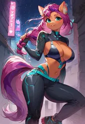 Size: 800x1169 | Tagged: suggestive, ai content, derpibooru import, machine learning generated, prompter:raptorcleave, neon lights, rising star, sunny starscout, anthro, earth pony, g4, g5, big breasts, black underwear, bra, breasts, clothes, cyberpunk, image, jpeg, panties, pants, rain, thong, underwear, wide hips