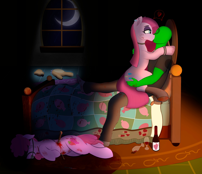 Size: 3897x3364 | Tagged: grimdark, anonymous artist, derpibooru import, berry punch, berryshine, pinkie pie, oc, oc:anon, earth pony, human, pony, g4, abuse, abusive human, alcohol, ballgag, bed, bedroom, black eyeshadow, black heart, black socks, bleeding, blindfold, blood, blood puddle, blushing, bottle, butt touch, choker, clothes, commission, cuddling, dead, derpibooru exclusive, drink, ear piercing, earring, eyeshadow, female, gag, glass, goth, hand on butt, heart, human and pony, image, imminent sex, impalement, indoors, jewelry, jpeg, kissing, knife, lovey dovey, lying down, makeup, male, mare, murder, pants, piercing, pinkamena diane pie, pinkie pie's bedroom, pinkie's bedroom, pool of blood, prone, red wine, shipping, sitting, sitting on lap, snuff, snuggling, socks, stabbed, stabbing, story included, straight, studded bracelet, sugarcube corner, trio, turned on, wall of tags, weapon, wine bottle, wine glass, wristband