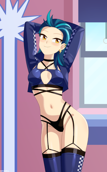 Size: 750x1200 | Tagged: suggestive, artist:riouku, derpibooru import, indigo zap, human, equestria girls, g4, bedroom eyes, belly, belly button, black underwear, blue underwear, blushing, bra, breasts, choker, clothes, commission, ear piercing, earring, female, image, jewelry, panties, piercing, png, sexy, socks, solo, solo female, stockings, thigh highs, underwear