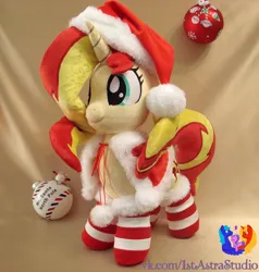 Size: 2190x2304 | Tagged: safe, artist:1stastrastudio, derpibooru import, sunset shimmer, pony, g4, christmas, clothes, hat, holiday, image, irl, jpeg, photo, plushie, santa hat, socks, solo, striped socks