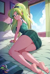 Size: 2496x3648 | Tagged: suggestive, ai content, derpibooru import, generator:civitai, machine learning generated, prompter:trux23, lemon zest, human, equestria girls, g4, ass, bedroom, butt, clothes, feet, female, image, indoors, jpeg, looking back, plaid, plaid shirt, plaid skirt, shirt, skirt, soles, solo, solo female