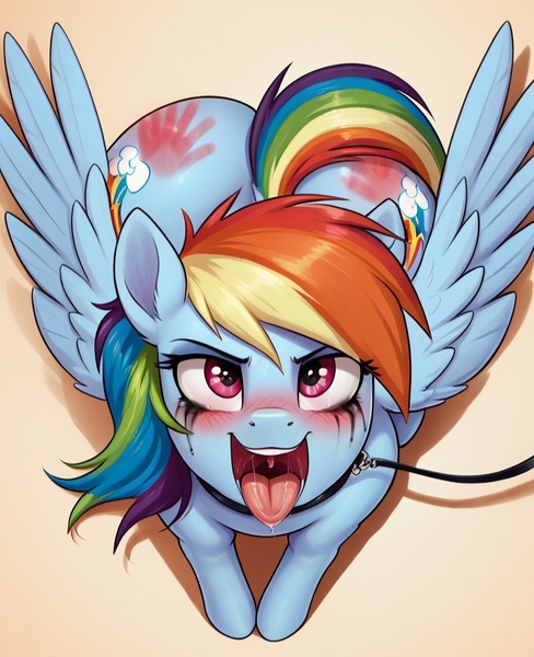 Size: 832x1022 | Tagged: questionable, ai content, derpibooru import, machine learning generated, prompter:bbg, stable diffusion, rainbow dash, pegasus, pony, ahegao, blushing, collar, female, from above, handprint, image, jpeg, leash, looking at you, looking up, looking up at you, makeup, mare, offscreen character, open mouth, open smile, pet play, running makeup, smiling, solo, spank mark, spread wings, tongue out, wings