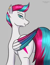 Size: 1900x2500 | Tagged: safe, artist:renarde-louve, derpibooru import, zipp storm, pegasus, pony, g5, colored wings, ear piercing, earring, eyebrows, eyelashes, female, folded wings, grin, image, jewelry, long tail, mare, multicolored wings, piercing, png, slender, smiling, solo, strategically covered, tail, tail censor, teeth, thin, wings