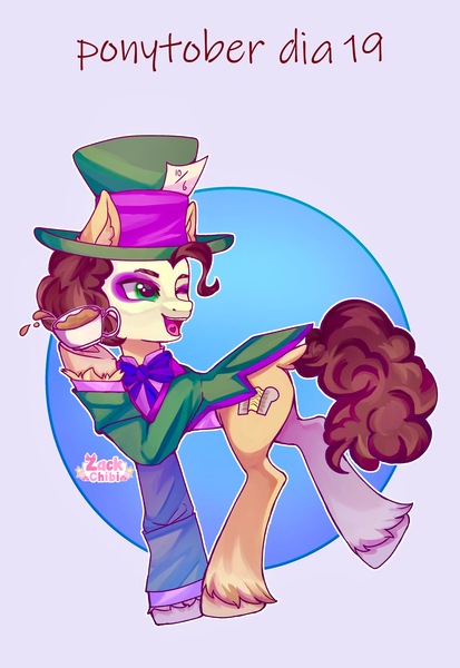 Size: 1984x2880 | Tagged: safe, artist:zackchibi, derpibooru import, cheese sandwich, earth pony, pony, g4, alice in wonderland, clothes, costume, cup, halloween, halloween costume, hat, holiday, image, jpeg, mad hatter, makeup, male, one eye closed, open mouth, open smile, ponytober, ponytober 2024, signature, smiling, solo, stallion, teacup, top hat, wink