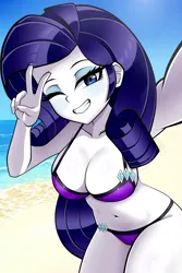 Size: 1800x2700 | Tagged: suggestive, artist:nekojackun, derpibooru import, rarity, equestria girls, g4, beach, bikini, breasts, busty rarity, clothes, female, grin, image, one eye closed, outdoors, peace sign, png, purple bikini, purple swimsuit, rarity's beach shorts swimsuit, selfie, smiling, solo, solo female, swimsuit, wink