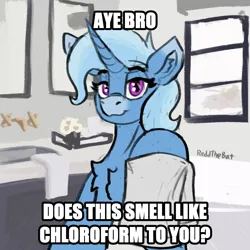 Size: 1066x1068 | Tagged: safe, artist:reddthebat, derpibooru import, trixie, pony, unicorn, g4, bathroom, chest fluff, chloroform, ear fluff, facial markings, female, horn, image, indoors, lidded eyes, looking at you, mare, mealy mouth (coat marking), png, rag, smiling, smiling at you, solo, text