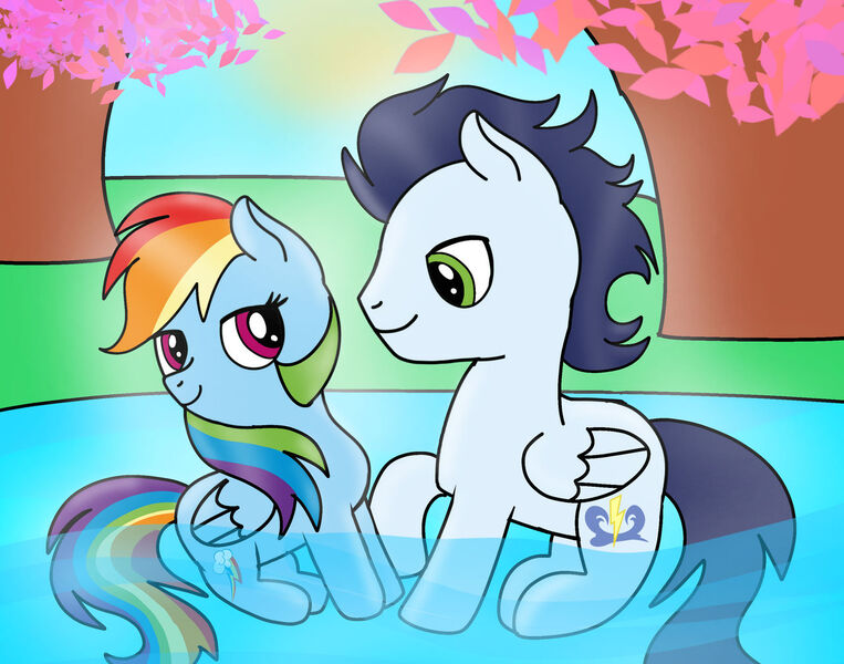 Size: 1280x1007 | Tagged: safe, artist:mrsdashskies, derpibooru import, rainbow dash, soarin', pegasus, pony, female, image, jpeg, lake, looking at each other, looking at someone, male, mare, shipping, smiling, smiling at each other, soarindash, stallion, straight, tree, water