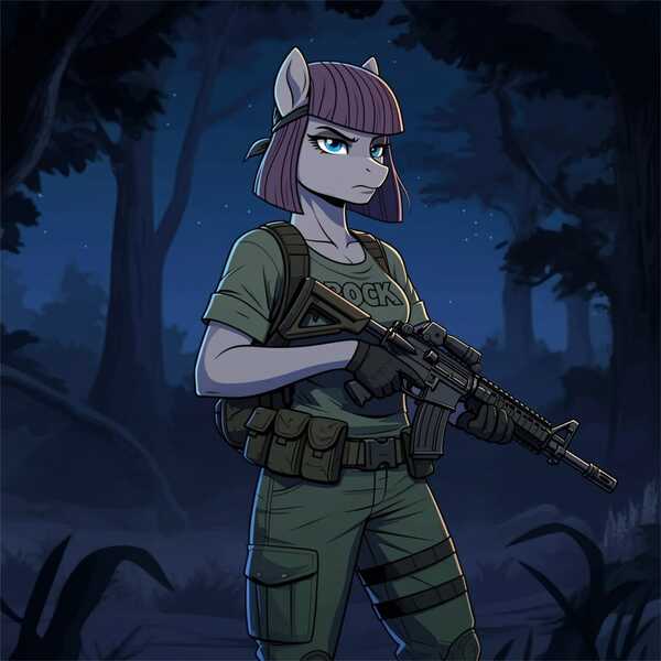 Size: 1024x1024 | Tagged: safe, ai content, derpibooru import, generator:google imagen 3.0, machine learning generated, prompter:zerowinger, maud pie, anthro, earth pony, series:g.i. pony: a real equestrian hero, g4, assault rifle, clothes, cosplay, costume, fatigues, female, forest, g.i. joe, gloves, gun, image, jpeg, nature, night, night force, outback, outdoors, rifle, shirt, solo, t-shirt, tree, weapon