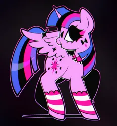 Size: 1393x1502 | Tagged: safe, artist:vivian reed, derpibooru import, twilight sparkle, twilight sparkle (alicorn), alicorn, pony, g4, alternate cutie mark, choker, clothes, colored, dark background, face paint, female, flat colors, image, jpeg, leg warmers, mare, no catchlights, no iris, open mouth, open smile, ponymania, smiling, solo, sparkles, sparkly wings, spread wings, standing on two hooves, striped leg warmers, turned head, wings