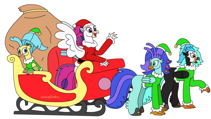 Size: 3096x1750 | Tagged: safe, artist:supahdonarudo, derpibooru import, princess skystar, queen novo, oc, oc:icebeak, oc:sea lilly, classical hippogriff, hippogriff, g4, my little pony: the movie, bell, christmas, clothes, costume, hat, holiday, image, looking at each other, looking at someone, png, sack, santa costume, santa hat, shoes, simple background, sleigh, transparent background