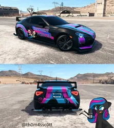 Size: 957x1080 | Tagged: safe, artist:caoscore, artist:snowy starshine, derpibooru import, oc, oc:obabscribbler, unofficial characters only, earth pony, pony, airfield, car, eyeshadow, headphones, image, makeup, microphone, mountain, mountain range, need for speed, open mouth, png, signature, smiling, solo