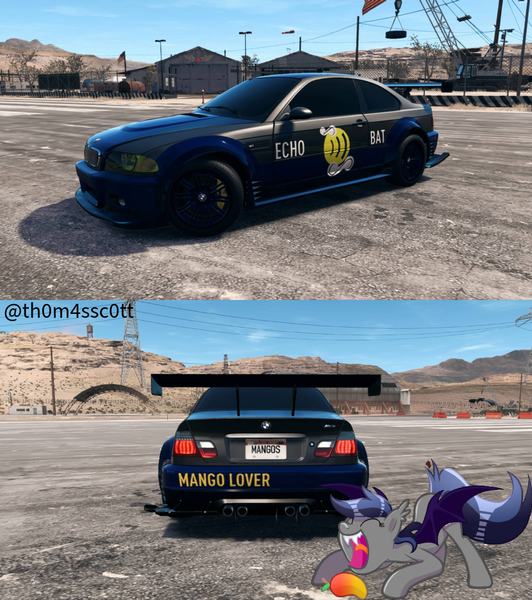 Size: 957x1080 | Tagged: safe, artist:diniarvegafinahar, artist:snowy starshine, derpibooru import, oc, oc:echo, bat pony, pony, airfield, bmw m3 gtr, car, fangs, food, herbivore, image, mango, mountain, mountain range, need for speed, open mouth, png, signature, sky, solo, tongue out