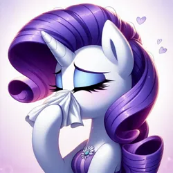 Size: 1024x1024 | Tagged: safe, ai content, derpibooru import, machine learning generated, prompter:heydude5321, rarity, pony, semi-anthro, unicorn, blushing, clothes, eyes closed, female, generator:bing image creator, generator:dall-e 3, heart, horn, image, jpeg, mare, nose blowing, solo, tissue