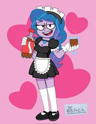 Size: 1577x2048 | Tagged: safe, artist:garybaldor, derpibooru import, izzy moonbow, human, equestria girls, g4, g5, clothes, cup, drink, equestria girls-ified, g5 to equestria girls, g5 to g4, generation leap, glass, gloves, heart, heart background, image, jpeg, lidded eyes, maid, maid headdress, shoes, smiling, socks, soda, solo, stockings, thigh highs, two toned background