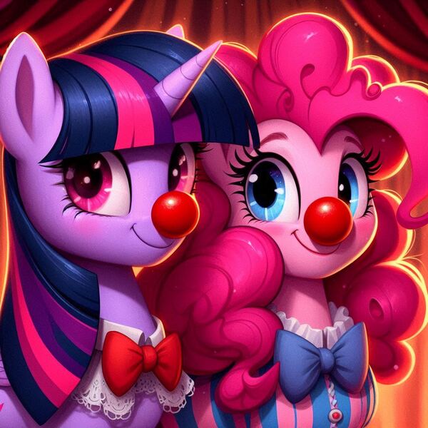 Size: 1024x1024 | Tagged: safe, ai content, derpibooru import, machine learning generated, prompter:heydude5321, pinkie pie, twilight sparkle, earth pony, pony, unicorn, g4, bowtie, clothes, clown, clown nose, duo, female, generator:bing image creator, generator:dall-e 3, horn, image, jpeg, mare, red nose